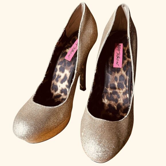 Betsey Johnson Pump Heels Shoe 10 M DISKKO Gold Glitter Leopard Platform Party - Picture 3 of 16